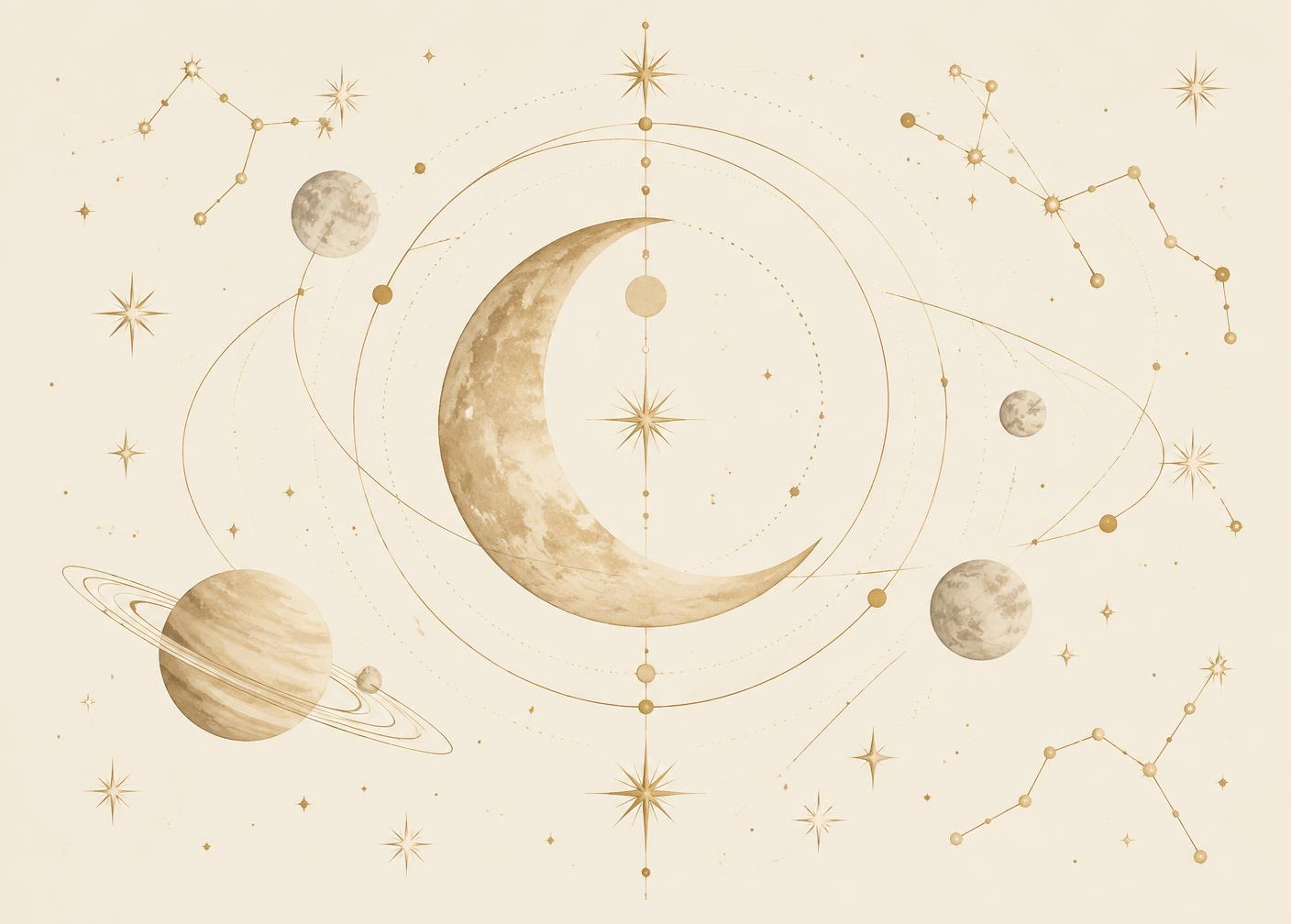 Gold celestial illustration with a crescent moon, planets and constellations